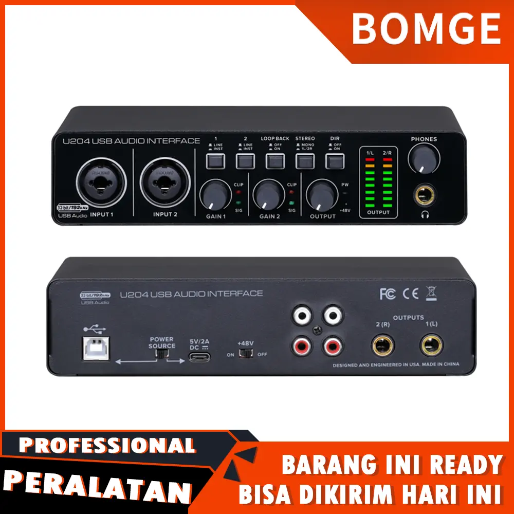 BOMGE U204 USB Audio Interface for PC Computer Recording Music, 2x2 Guitar Audio Interface for Mac 32Bit/192kHz Podcasting Streaming for Vocalist Producer with 48V Phantom