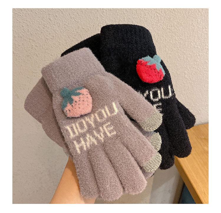 Product Introduction of Ins Winter Strawberry Touch Screen Gloves Warm-Keeping and Cold-Proof Cycling Cute Girl Plush Knitted Five Finger Gloves 5