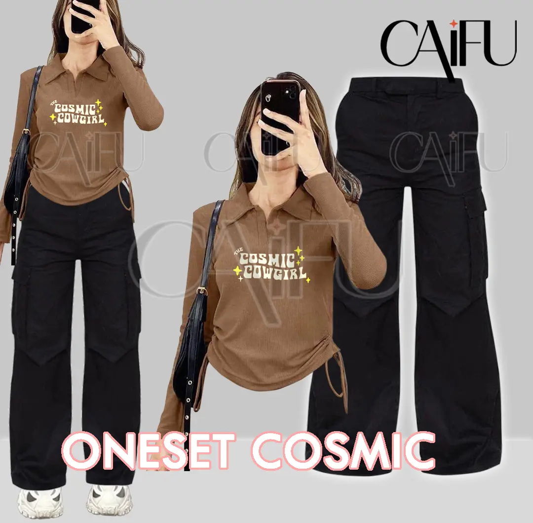 Setelan Wanita COSMIC Blouse Tali Serut dan Jogger Joy - Motif Sablon Baju Atasan Blus Knitt Wear, Nyaman Slim Fit Jumpsuit Slit Keren Celana Panjang Hitam Vintage Bawahan Garis Sweater Blazer Jaket