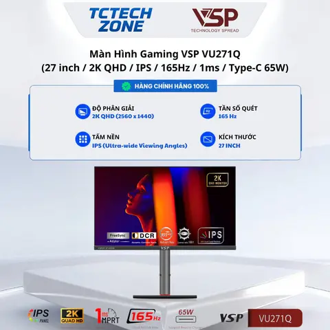 Màn Hình Gaming VSP VU271Q (27 inch / 2K QHD / IPS / 165Hz / 1ms / Type-C 65W) Chính Hãng 100%
