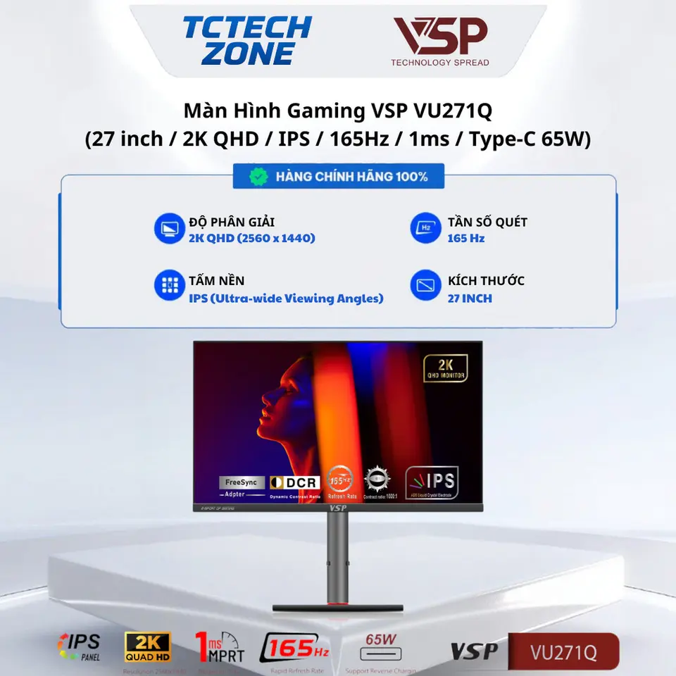 Màn Hình Gaming VSP VU271Q (27 inch / 2K QHD / IPS / 165Hz / 1ms / Type-C 65W) Chính Hãng 100%
