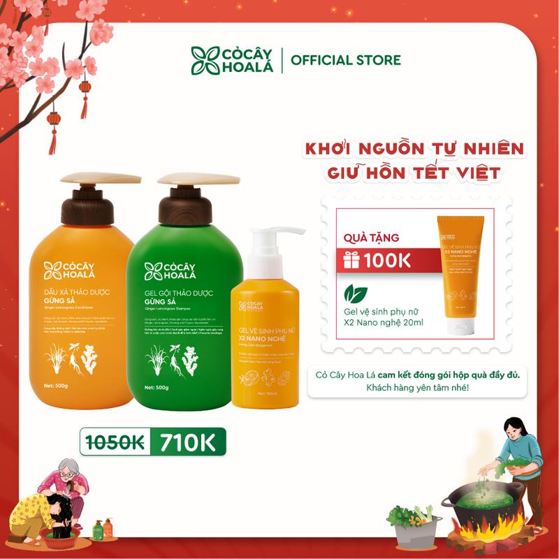 COMBO DỊU NHẸ BÊN MẸ Combo gội xả Thảo Dược Gừng Sả 500g Combo & Dung Dịch Vệ Sinh X2 Nano Nghệ 150ml Cỏ Cây Hoa Lá - Tặng Tuýp Gel vệ sinh X2 nano nghệ mini 20g