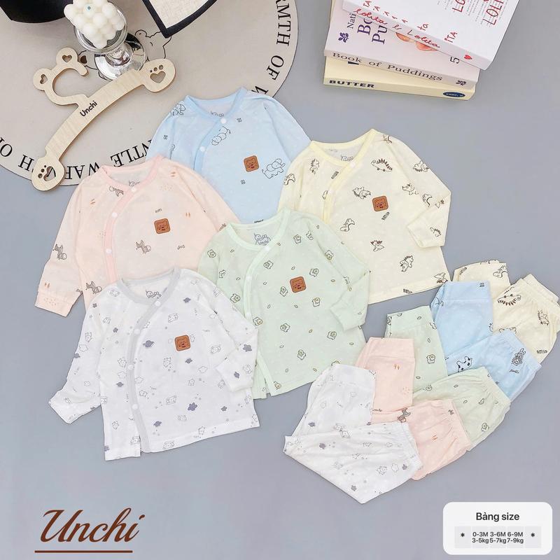 BD3. Bộ Sơ Sinh Dài Tay Unchi Họa Tiêt Vải Petit Vân Nổi Mềm Mỏng, Thoáng Mát Cho Bé Sơ Sinh Từ 3-8kg