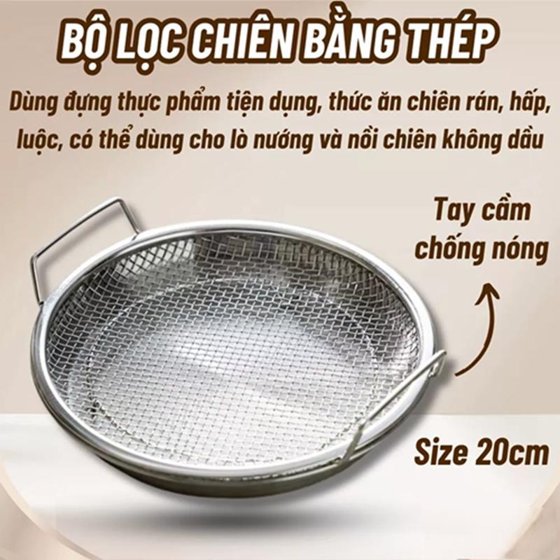 Set Khay (Đĩa) Kem Vỉ Lưới Lọc Dầu Chất Liệu Inox 304 Cao Cấp, Size 20cm Dùng Đựng Thực Phẩm, Thức Ăn Chiên Rán