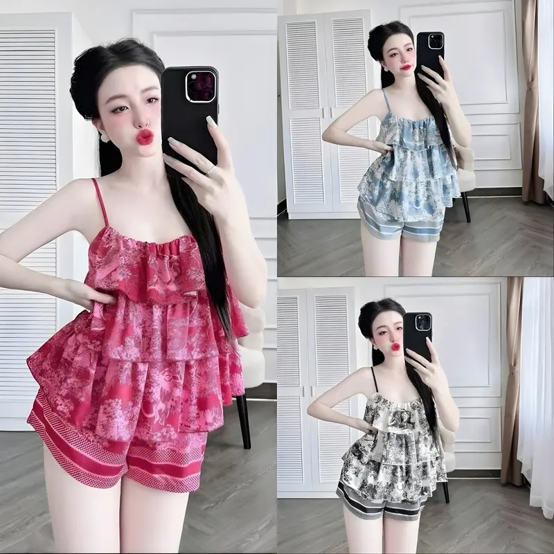 Bộ đồ ngủ Pyjama X1 mặc ở nhà, áo 2 dây xếp li 3 tầng vải lụa latin
