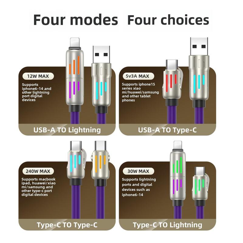 Cáp dữ liệu, Chức năng 4 trong 1, Sạc siêu nhanh, USB Type C, Chất liệu silicon lỏng, Hợp kim nhôm, Công suất 240W 5