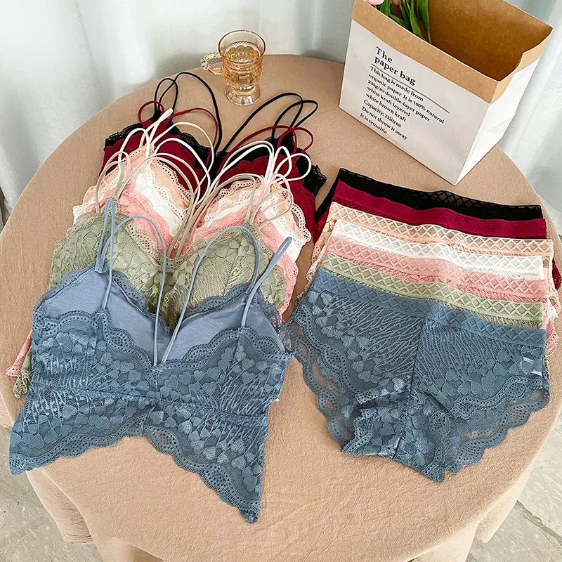 19A1 Sexy Full Lace Breathable Thin Comfortable Ladies Mid Low Waist Briefs Bra set