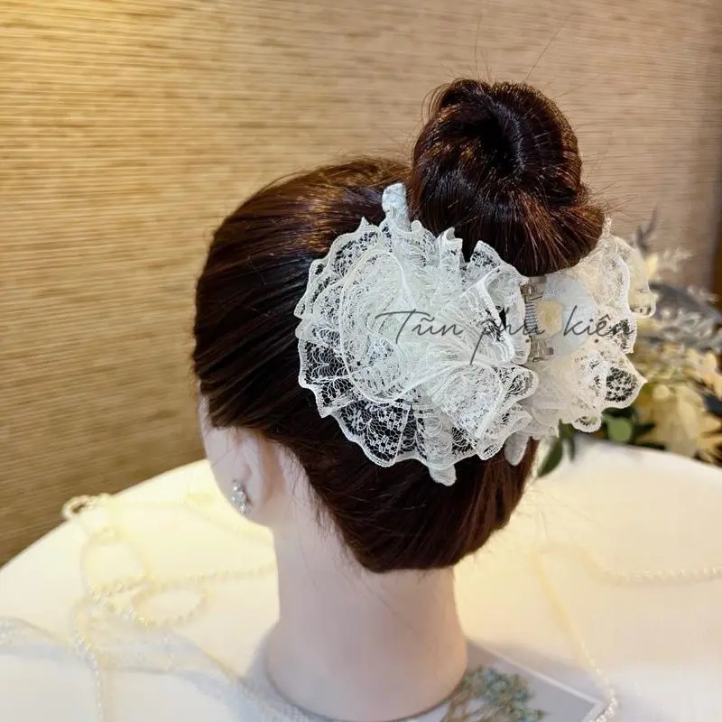 (Kẹp dọc 11-13cm) Kẹp tóc hoa ren bồng bềnh xinh xắn, màu pastel ngọt ngào, đáng yêu - Hàng thiết kế của Tũn 0