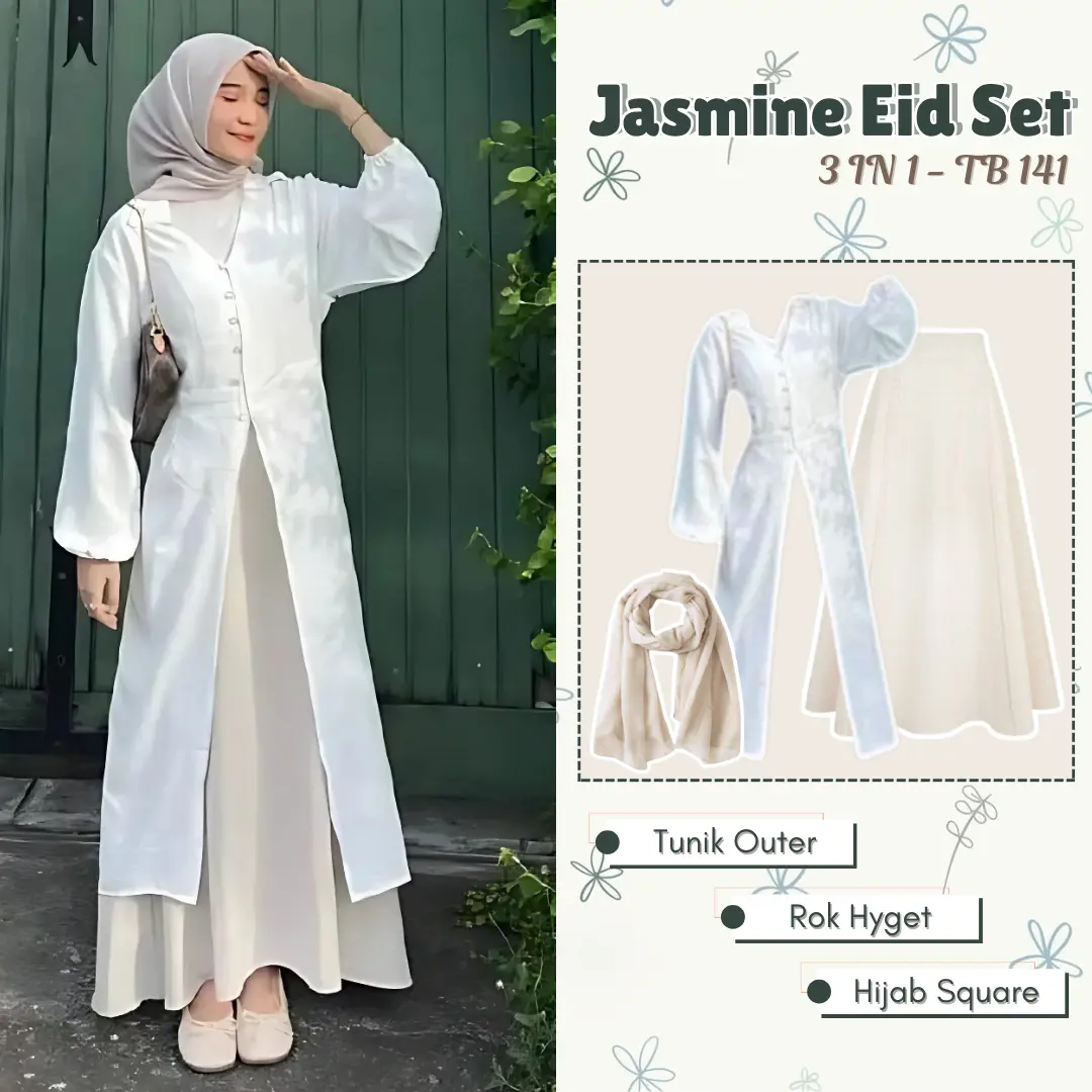 Outfit Lebaran Wanita Kekinian Oneset 3 IN 1 Tunik Outer Rok Hyget Hijab Bella Square Jasmine Eid Look Simple & Anggun Set TB 141