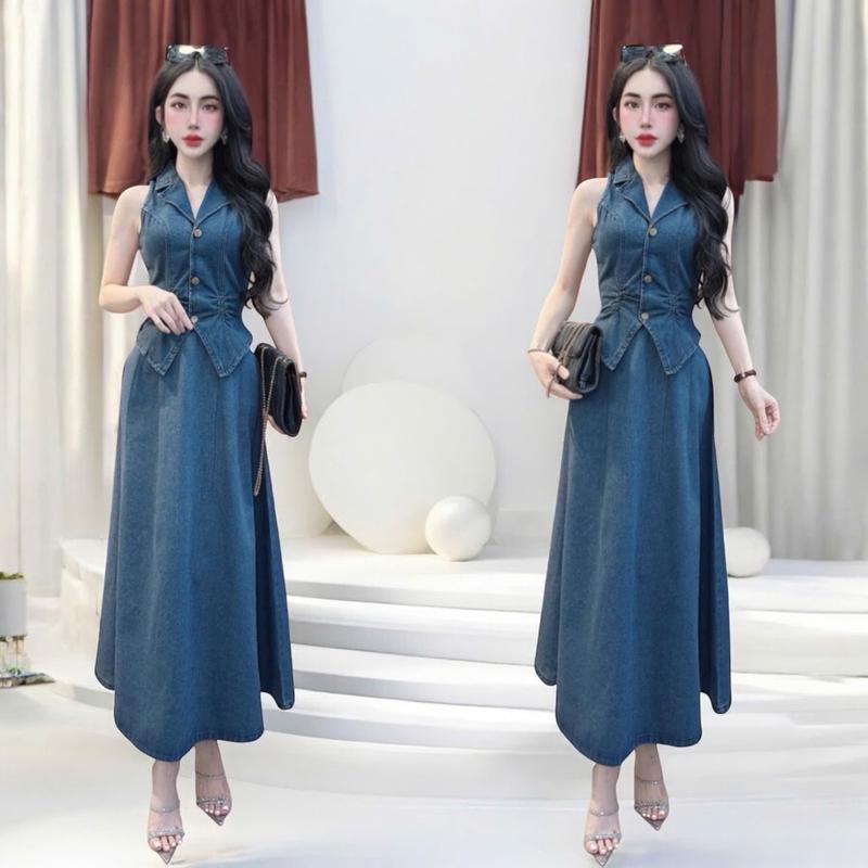 Set áo váy jeans thiết kế CRAZYTEEN S6008 dành cho nữ gồm áo kiểu vest cổ yếm dáng peplum và chân váy dáng suông để đi chơi Áo kiểu vest cổ yếm Chân váy chân váy jeans nữ set đồ nữ đẹp đang hot