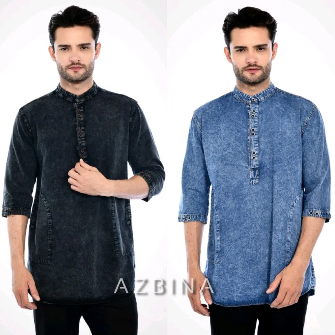 Baju koko kurta jeans denim pakistan pria kemeja muslim denim lengan 3/4