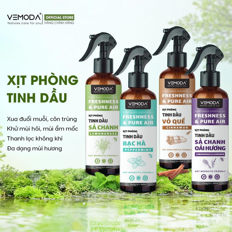 CHAI XỊT PHÒNG TINH DẦU SẢ CHANH BẠC HÀ QUẾ BẠCH ĐÀN CHANH VEMODA THƠM PHÒNG KHỬ MÙI HỖ TRỢ XUA ĐUỔI MUỖI VÀ CÔN TRÙNG HIỆU QUẢ