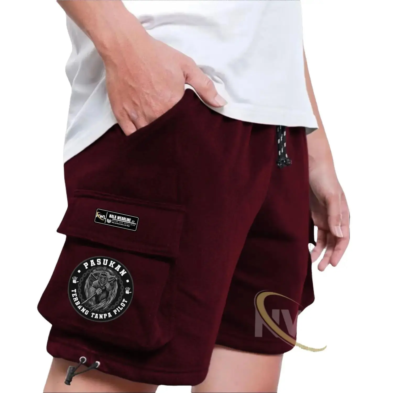 Celana Cargo Pendek Pria Wanita Terbaru Warna Burgandy Motif Pasukan Terbang Tanpa Pilot Bahan Katun Fleece Tebal Dan Lembut Ukuran M-L-XL-XXL - Shorts Pants Cowok Cewek Kekinian Nyaman Santai Army