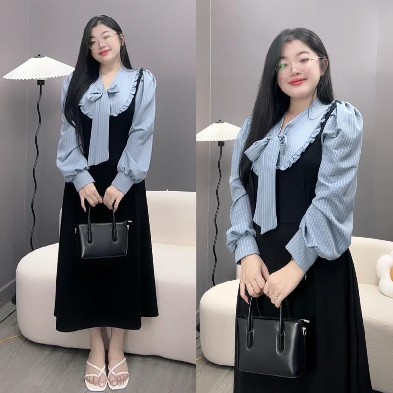 Đầm Thiết Kế Bigsize Thanh Lịch Và Nhã Nhặn Đầm Nơ Cổ Viền Bèo Tay Dài Kẻ Sọc Cho Nữ 58-92Kg - A688