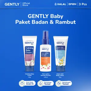 GENTLY Baby Paket Badan & Rambut | Paket Calming Baby Cream 50 g Krim Bayi Nyaman untuk si Kecil + Hair Lotion Smooth Keratin 100 ml Lotion Rambut Anak Tebal, Halus, Wangi + Hydra Soft Body Lotion 50 g Moisturizer Bayi & Anak