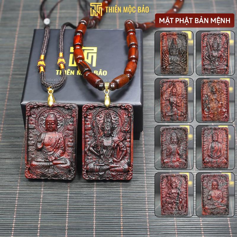 Vòng cổ Mặt Phật bản mệnh gỗ Trắc Đỏ Đen kiểu vuông 4x6cm - Mặt dây chuyền theo tuổi 12 con giáp | Thiên Mộc Bảo