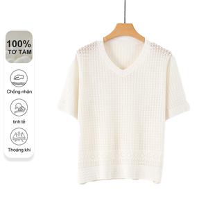 Áo sơ mi lưới rỗng MuMeng [100% Lụa tơ tằm], Áo thun dệt kim thoáng khí cổ chữ V cho nữ, Chống nhăn, tinh tế 5645