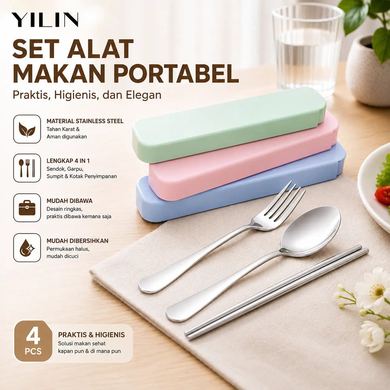Set Alat Makan Portable Stainless Steel untuk Bekal & Travel Cream Kotak