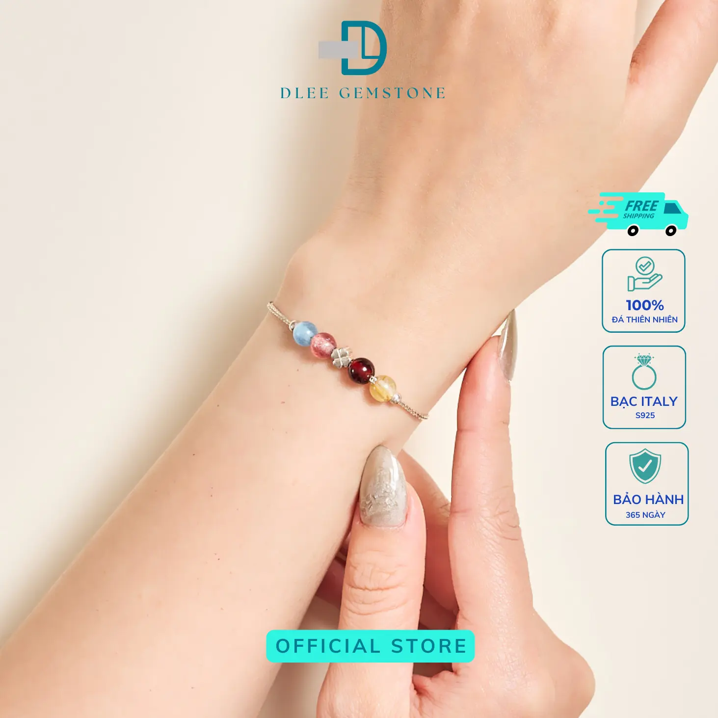 Lắc Tay Bạc S925 D'LEE 4 Hạt Đá Thiên Nhiên mix charm cỏ 4 lá Đa Sắc May Mắn Thanh Lịch ( theo Mệnh )