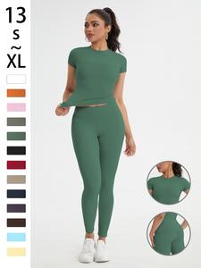 Conjunto deportivo para mujer, ajustado con cuello redondo y mangas cortas & pantalones de yoga de cintura alta, ideal para gimnasio, correr y actividades al aire libre