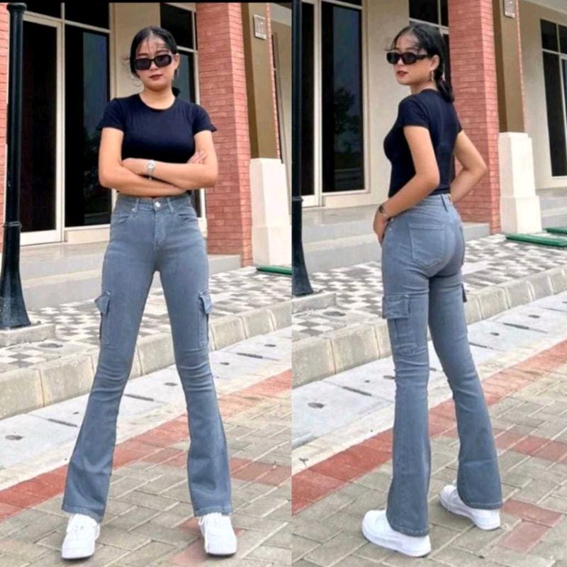 Celana Cargo Cutbray Stretch Highwaist Jeans Big Size Jumbo Wanita Melar 27 - 34 Panjang Korean regular 3