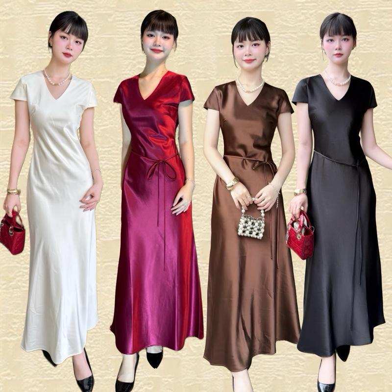 Đầm lụa maxi có tay cột eo may 2 lớp có dây kéo chất liệu lụa vân mai màu nâu choco size S M L XL dài 130cm-Daisy Dress