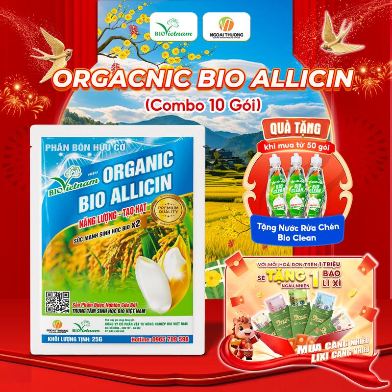   Combo 10 gói  Phân bón hữu cơ Organic BIO ALLICIN BAO BÌ MỚI 2025  - BIO SIÊU VÀO GẠO Vô gạo liên tục chắc hạt nặng ký tăng năng suất gạo - Gói 25g bio  siêu 