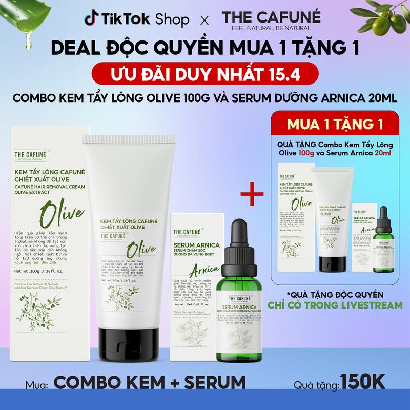 [DEAL ĐỘC QUYỀN: MUA 1 TẶNG 1] Combo Kem Tẩy Lông Olive 100g Và Serum Arnica 20ml Dùng Được Cho Bikini, Chân, Tay, Nách | Tặng Thìa Dụng Cụ Gạt Lông