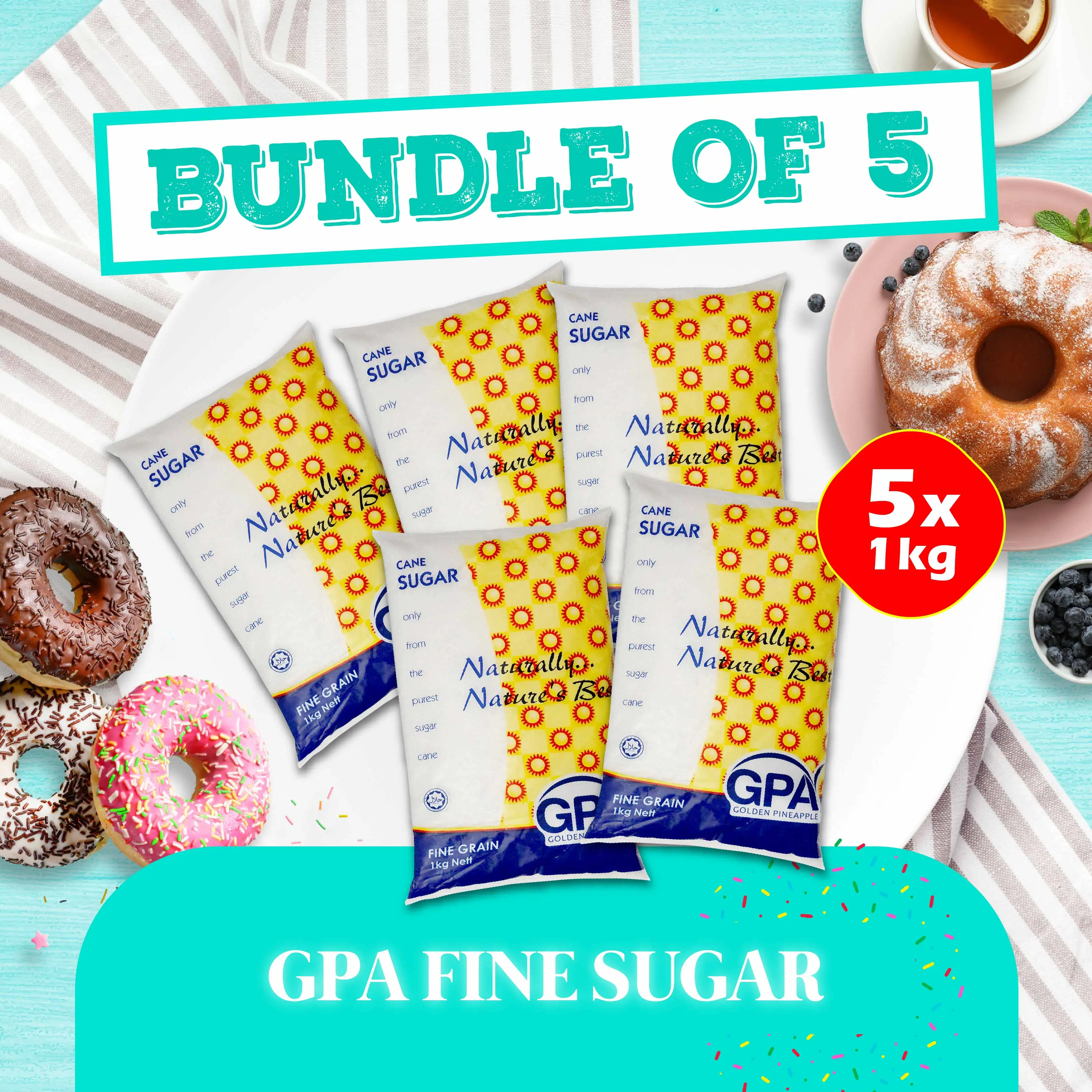 (Bundle of 5) GPA Fine Sugar 1kg x 5 - 100% Natural Fine Cane Sugar