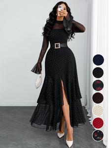 Vestido de falda para mujer con lunares románticos, malla con aberturas y patchwork en capas, estilo elegante y acampanado, corte ajustado, para todas las estaciones, sin cinturón incluido