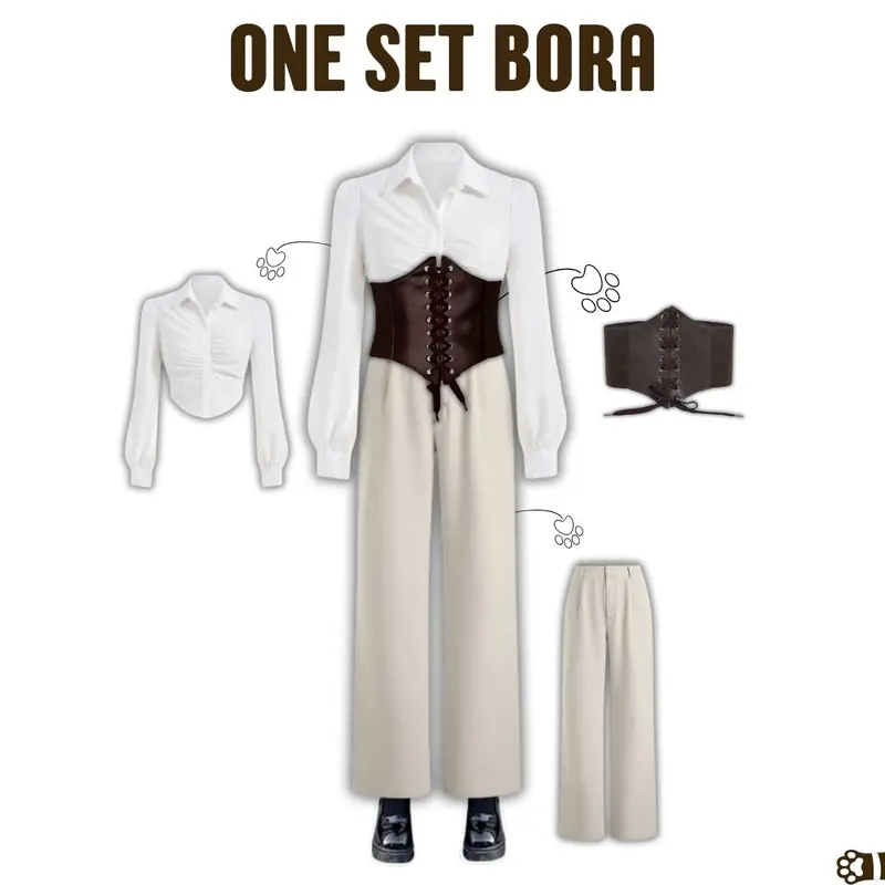 Bora Outfit Vintage Cantik [Kemeja putih Crop Katun , Celana ivory, dan Belt coklat] One set OOTD Yearbook - PS46 4