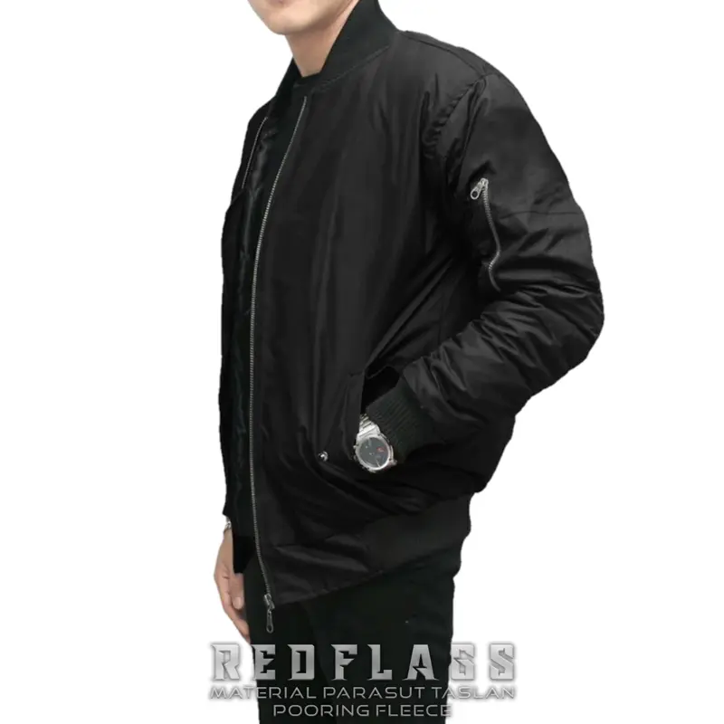 Red Flags Jaket Pria Bomber Polos Keren Parasut Ritsleting Windbreaker Cowok Lengan Panjang Original Lokal Distro Bandung Jumbo Size M L XL Hitam 5