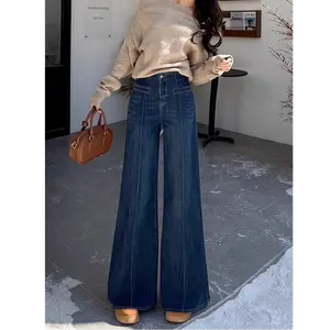 LL Jeans Biru laut Highwaist Loose  Celana Jeans Wanita Palazzo Jeans Korea Style (realpict)