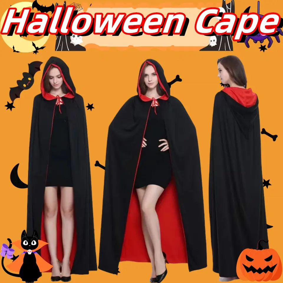 Hitam Merah Halloween Kostum Gaun Mantel Di Tangan Berkerudung Cape Dewasa Unisex Jubah Panjang