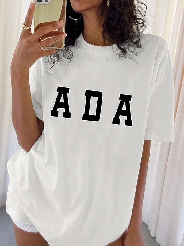 Women's Letter Print Round Neck Tee, Vintage Trendy Casual Short Sleeve T-shirt for Daily Wear, Ladies Summer Outfit, Top, Graphic Tees 3