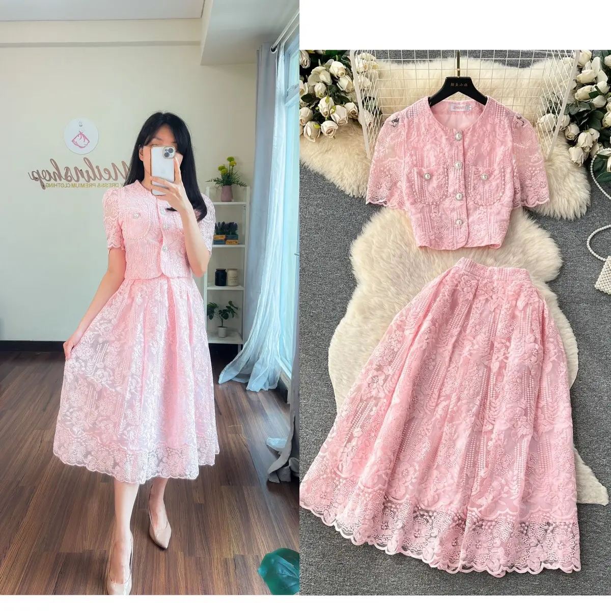 Lace Button One Set Pink/Ungu/Biru Casual Wanita Setelan Modis Elegant Feminim Party Casual Korean Style