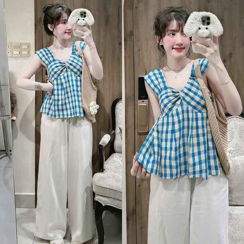  Set đồ nữ áo caro xoắn ngực moking thân sau dáng phồng kèm quần dài ống rộng xinh xắn dành cho các nàng diện đi chơi. 