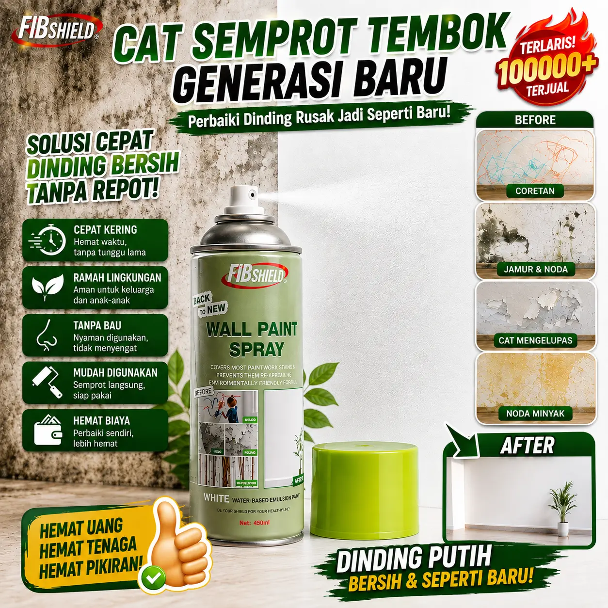 [INSTAN] Wall Paint Spray Cat Semprot Dinding - Menutup Nods & Jamur Sempurna Tahan Air & Cepat Kering Tidak Berbau Spray Botol Membersihkan Paint Wall spray paint