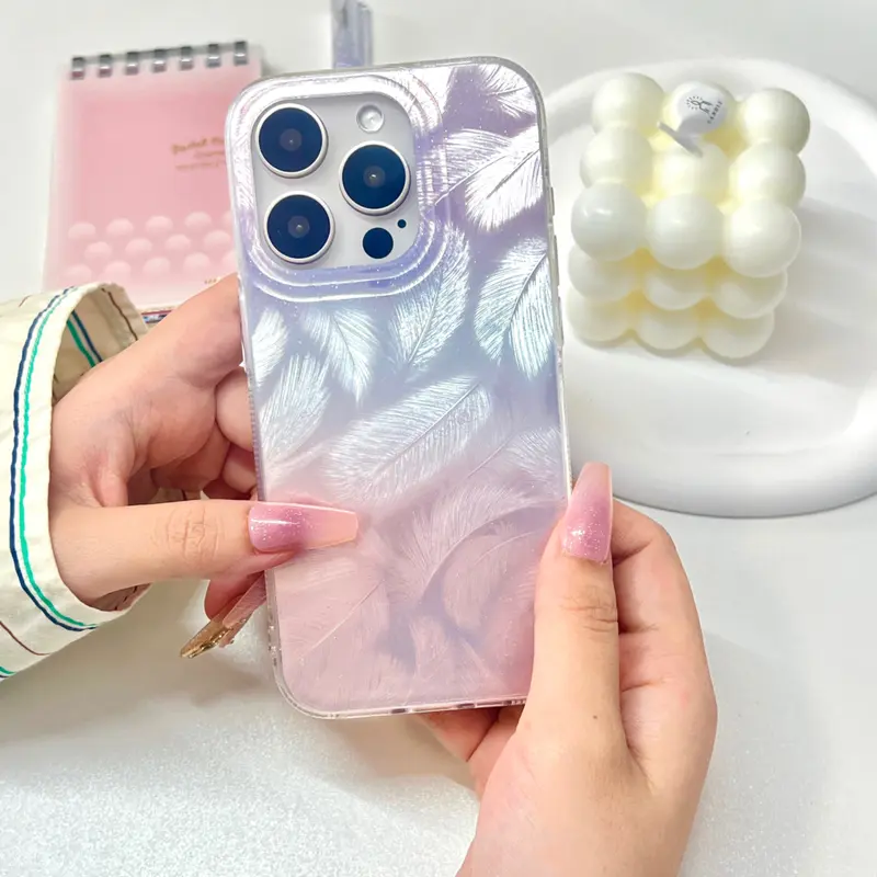 Case Iphone Silicone Hardcase Motif Feather Gradiasi Purple, Pink & Blue for Iphone 11 12 13 14 15 PRO MAX 4