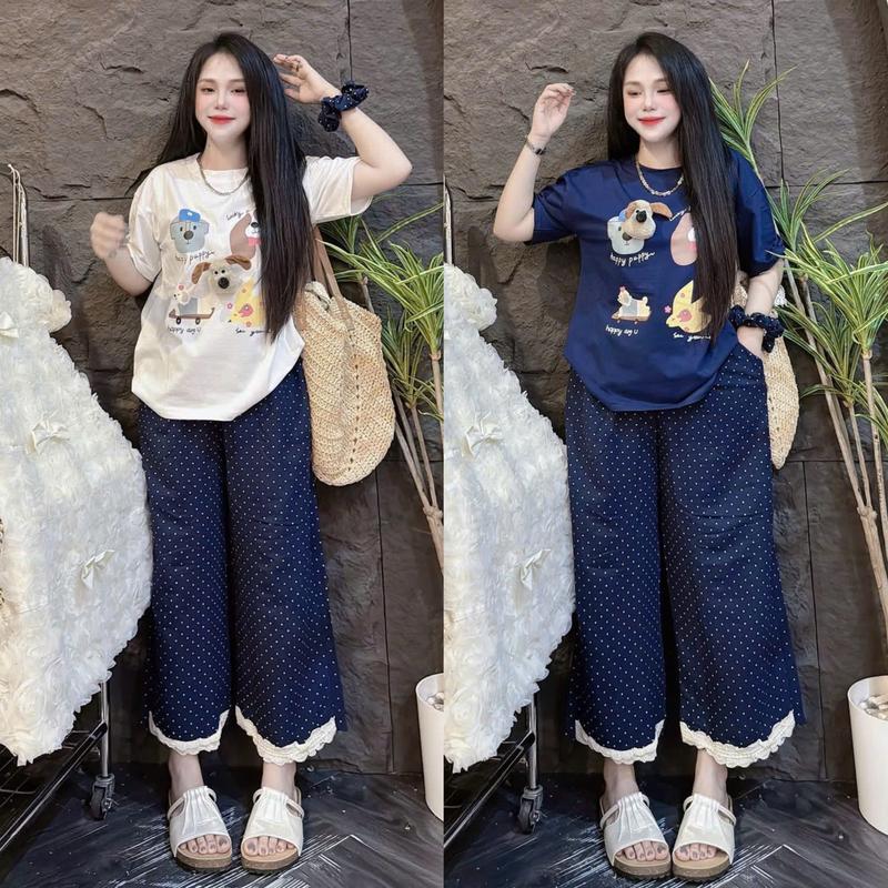 Đồ bộ Bigsize nữ, Set bộ Áo Cotton CÚN KÈM GẤU NỔI Phối Quần CHẤM BI Viền Ren Siêu Xinh