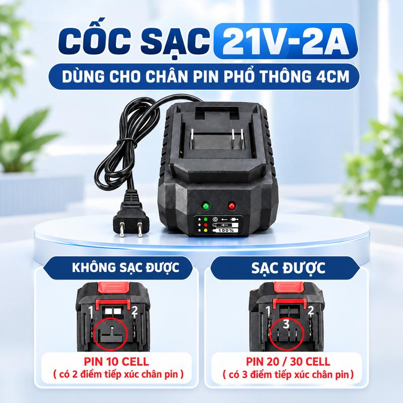 Cốc Sạc Pin 21V-2A Chân Pin Phổ Thông 4cm, Đế Sạc Nhanh Cho Pin Máy Khoan, Quạt Tích Điện, Đèn Led