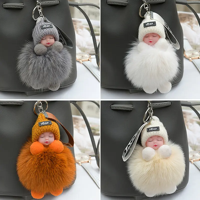 Móc Chìa Khóa Em Bé Ngủ, Thiết Kế Pompom, Búp Bê Nhồi Bông Lông Mịn Dễ Thương, Móc Chìa Khóa