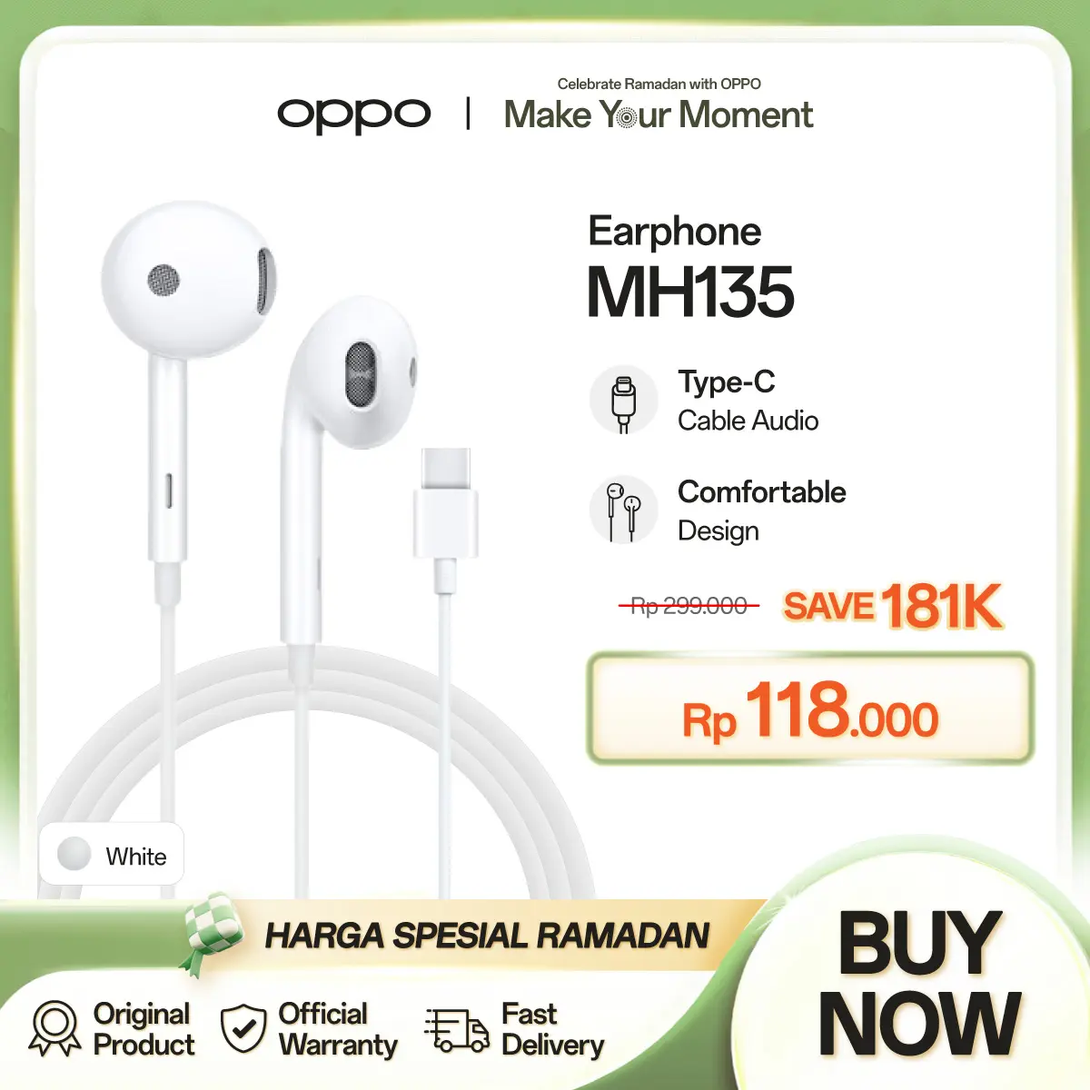 OPPO Stereo Earphone MH135-3 Type-C White Earphones s  Microphone  Headset  Headphones Bass Earbuds
