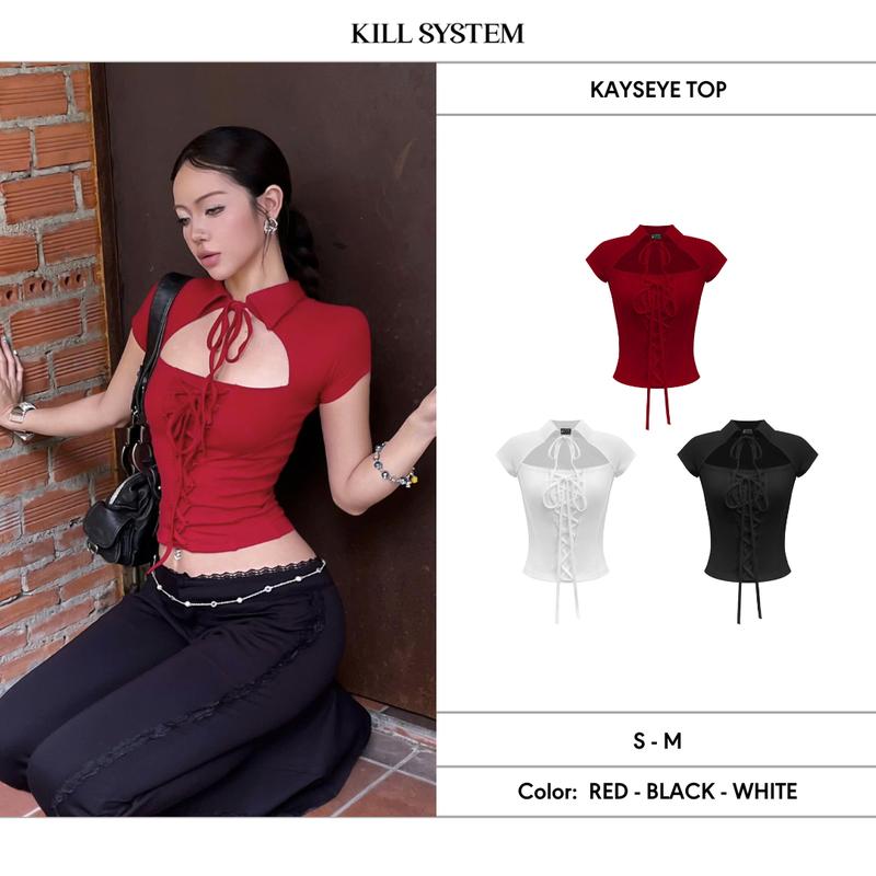 Áo kiểu khoét ngực thắt nơ ôm body tôn dáng KATSEYE - KILLSYSTEM
