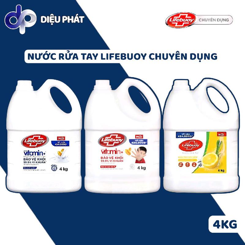 Nước Rửa Tay Lifebuoy Chuyên Dụng Bảo Vệ Vượt Trội & Sữa Dưỡng Ẩm & Khử Mùi Hải Sản Chanh Xả Can 4Kg