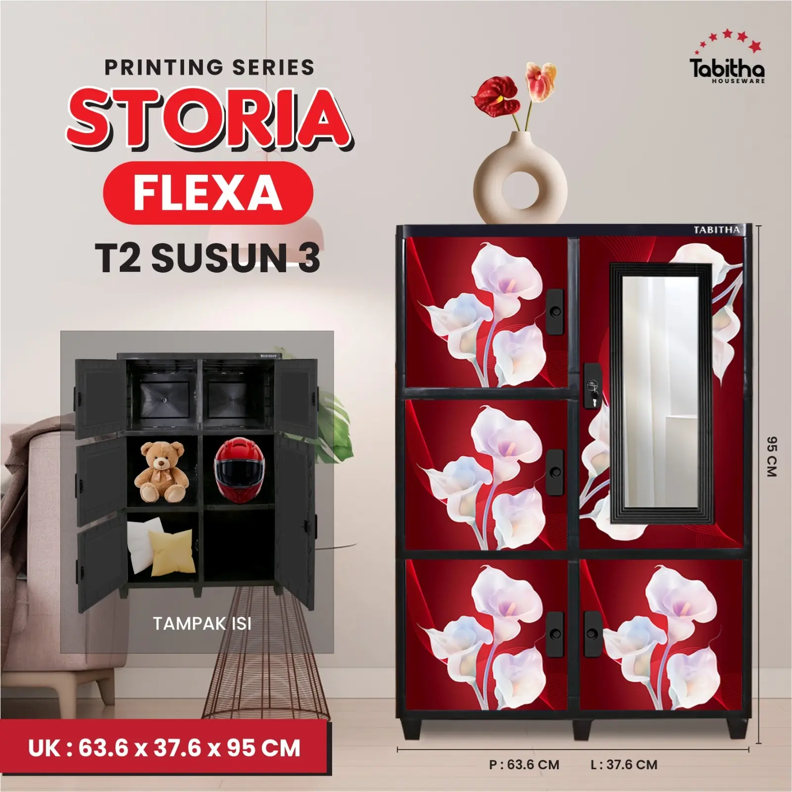 Lemari Plastik Serbaguna STORIA 2T2S - Desain Modern, Kaca Cermin, Kunci, PRINTING SERIES MODERA FLEXA