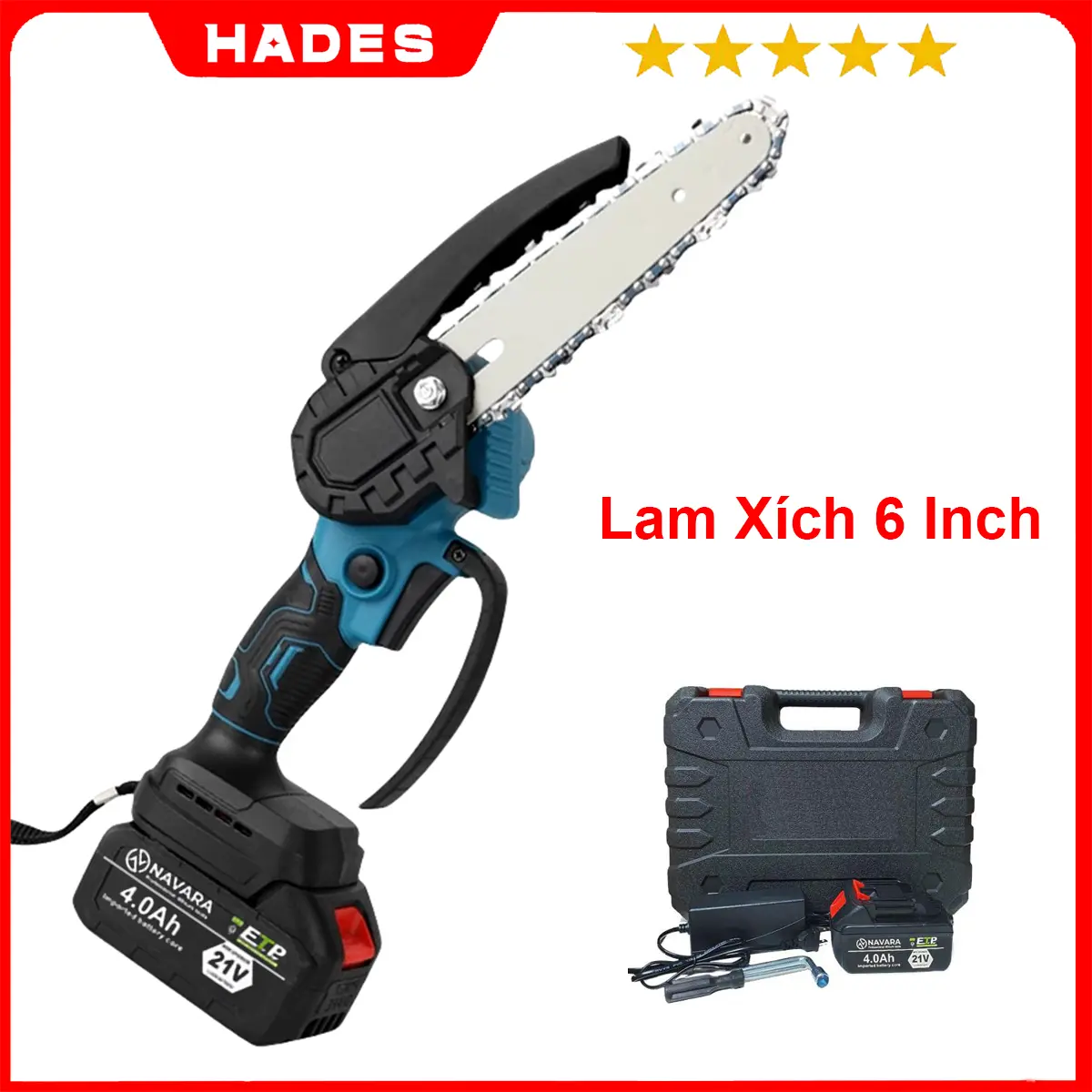 Máy Cưa Xích Pin 6 inch, Động cơ lõi đồng, Chân pin phổ thông, Pin 10 Cell Chuẩn