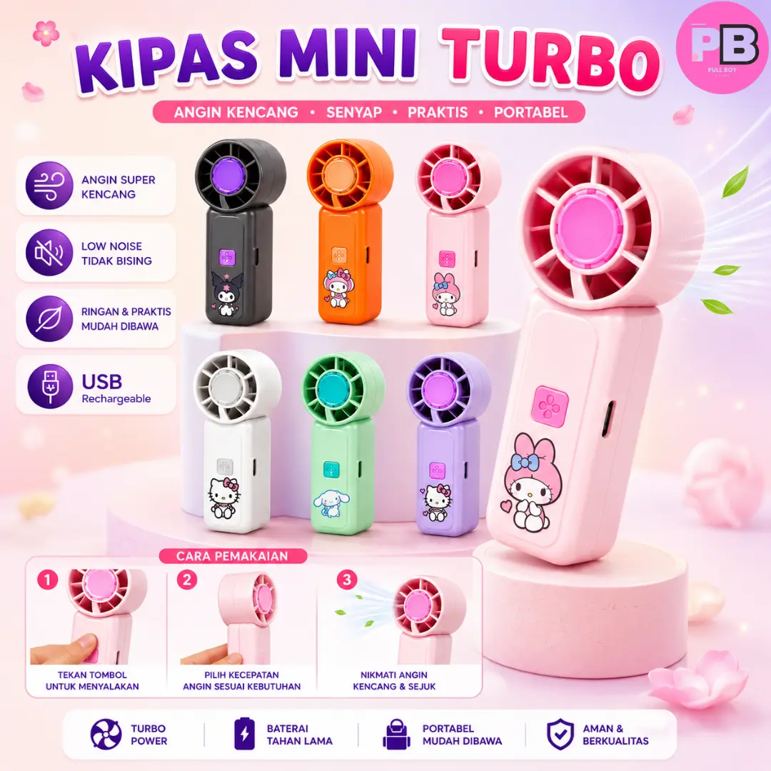 Kipas Mini Portable Turbo USB Rechargeable Kipas Angin Turbo Free Gantungan