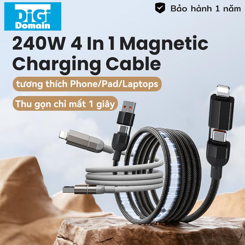 4 trong 1 Sạc nhanh 240W và PD 27W Hút từ tính Chống cuộn dây Dây cáp 480Mbps USB Type-C to Type-C Lightning Tương thích với iPhone Samsung Xiaomi OPPO Vivo Redmi,Realme Hỗ trợ Macbook sạc máy tính xách tay hỗ trợ kết nối có dây Carplay Sạc Điện Thoại