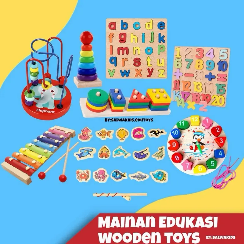Mainan Edukasi Sensori Montessori Kayu Mini Round Beads Jam Puzzle Balok Bentuk Xylophone Geometry Terapi Perkembangan Anak
